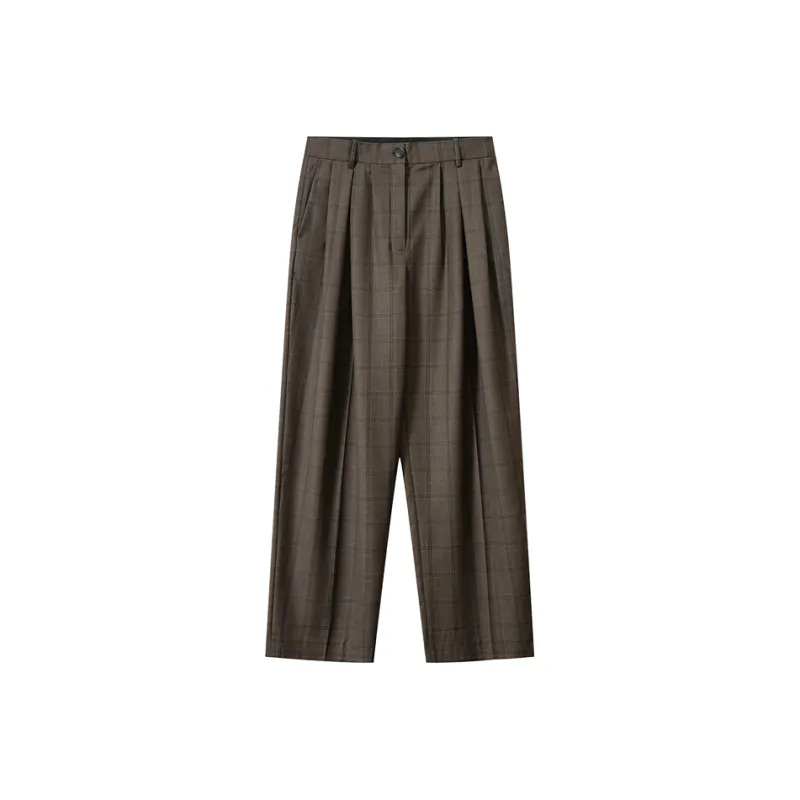MOSIIMORII Casual Pants Women's Coffee Brown Plaid-0