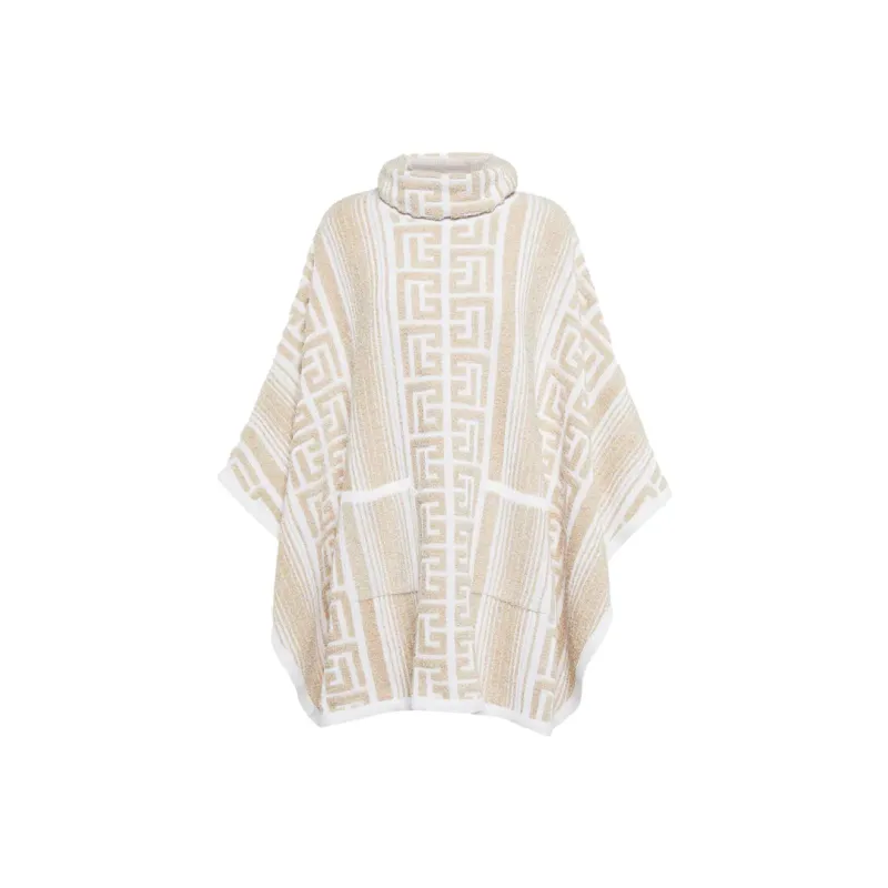 BALMAIN Lurex Maxi Monogram Knit Poncho 'Pink'-0