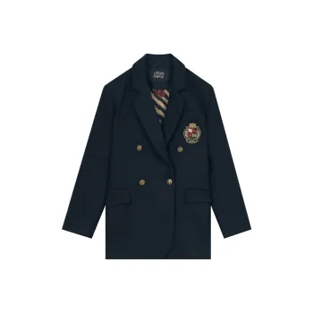 ELF SACK Vintage Embroidery Badge Preppy Style Double Breasted Business Suit Coat Women's
