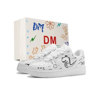 DM Puffy Shoes Sports Casual, Shibuya Style Graffiti Abrasion Resistant Low Top Skateboard Shoes Unisex Dinosaur White