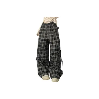 YINLEI Casual Pants Women's Black Plaid