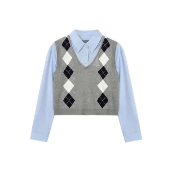 COMMA GIRL Knitwear Women's Blue Shirt+Gray Vest