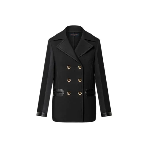 LOUIS VUITTON FW23 Leather Accent Double-Breasted Coat Coats Women's Dark Gray