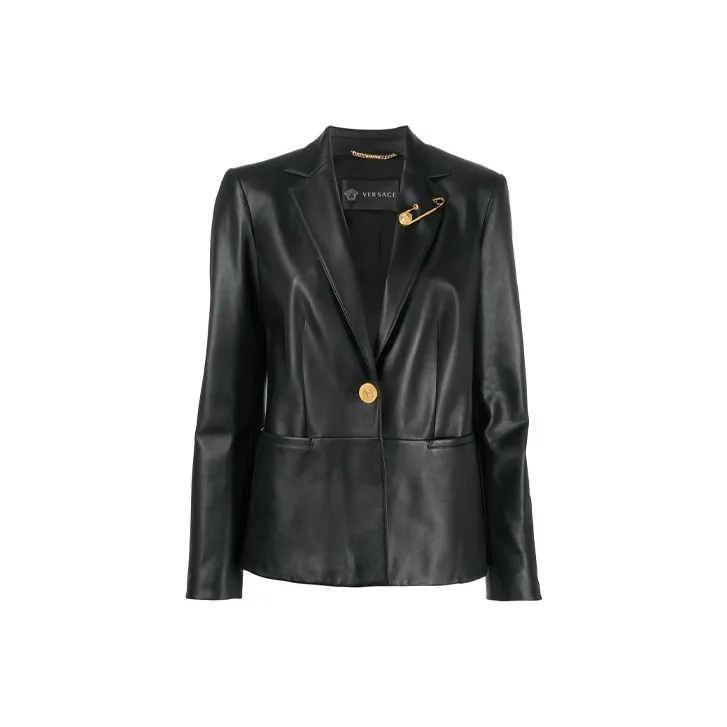 VERSACE Safety Pin Leather Blazer 'Black'-0