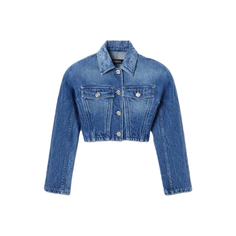 VERSACE Rounded Crop Denim Jacket 'Medium Blue'-0