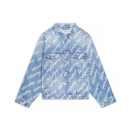 Balenciaga Women'ss All Over Logo Bell Sleeve Large Fit Denim Jacket Indigo/White