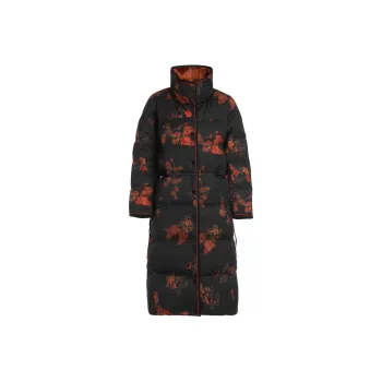 QIAOWANNI Down Jacket Women's Ink Black/Golden Chrysanthemum Pattern