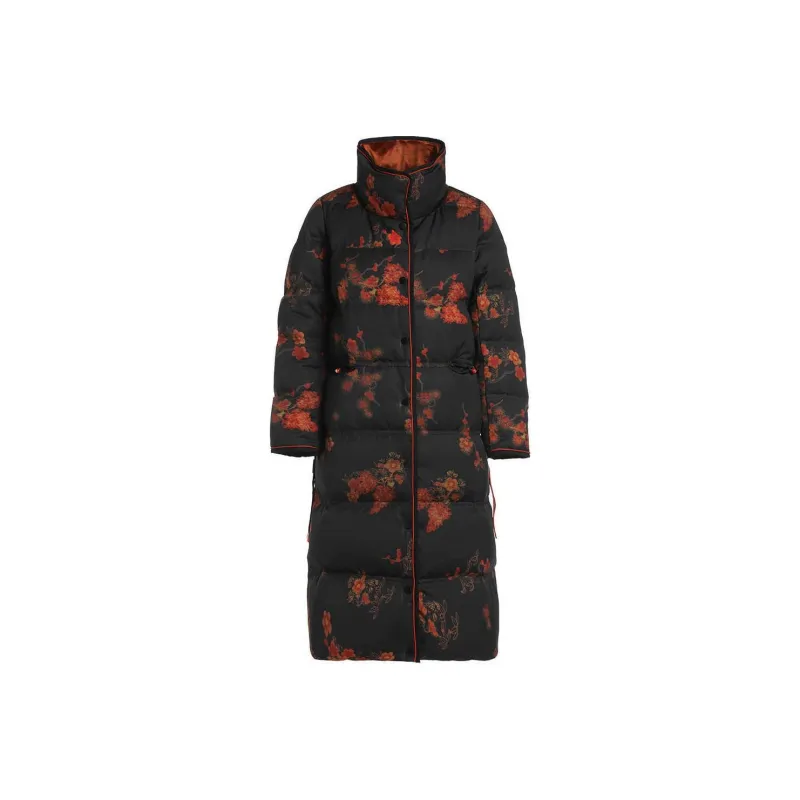 QIAOWANNI Down Jacket Women's Ink Black/Golden Chrysanthemum Pattern-0