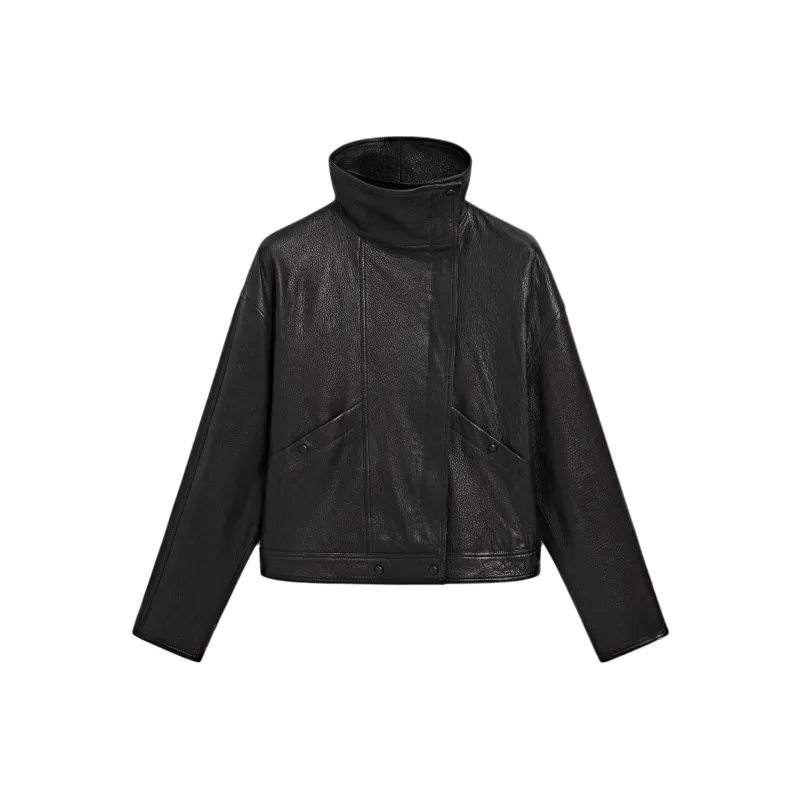 Massimo Dutti Leather Jacket Women's Black-0