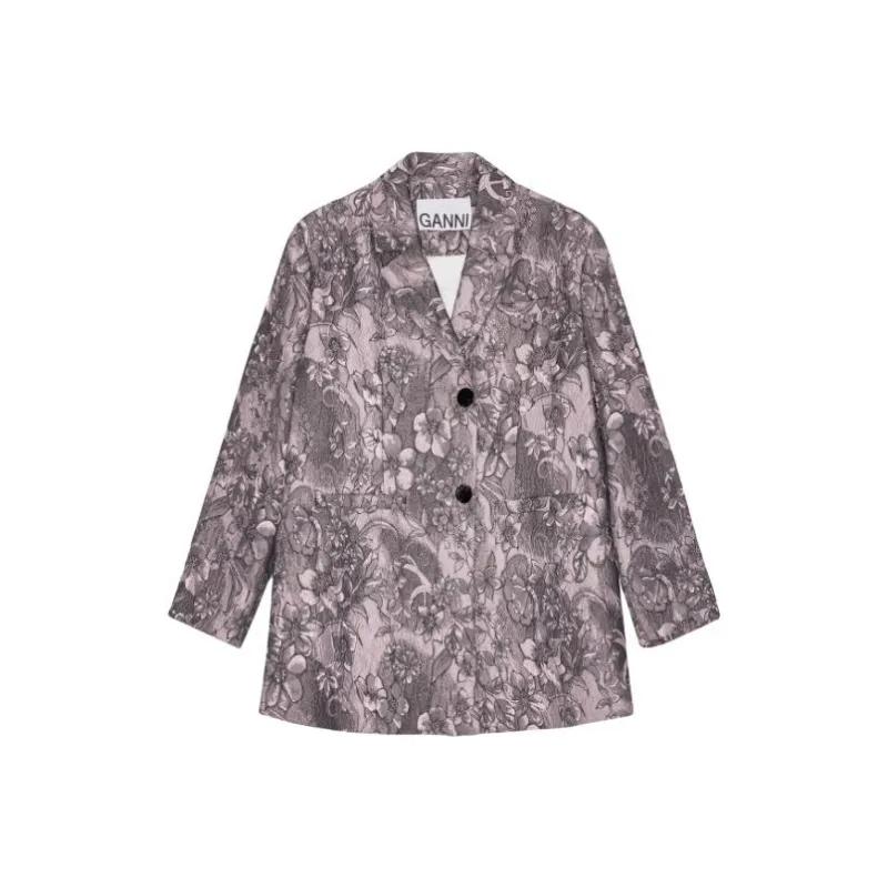 GANNI Rippled Jacquard Oversized Blazer Business Suit Women's Black-0