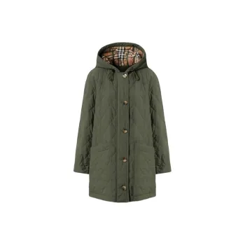 Burberry Solid Color Hooded Mid-Length Puffer Jacket Women's Army Green