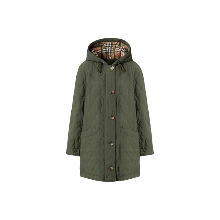 Burberry Solid Color Hooded Mid-Length Puffer Jacket Women's Army Green-0