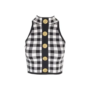 BALMAIN Gingham Check Pattern Sleeveless Top