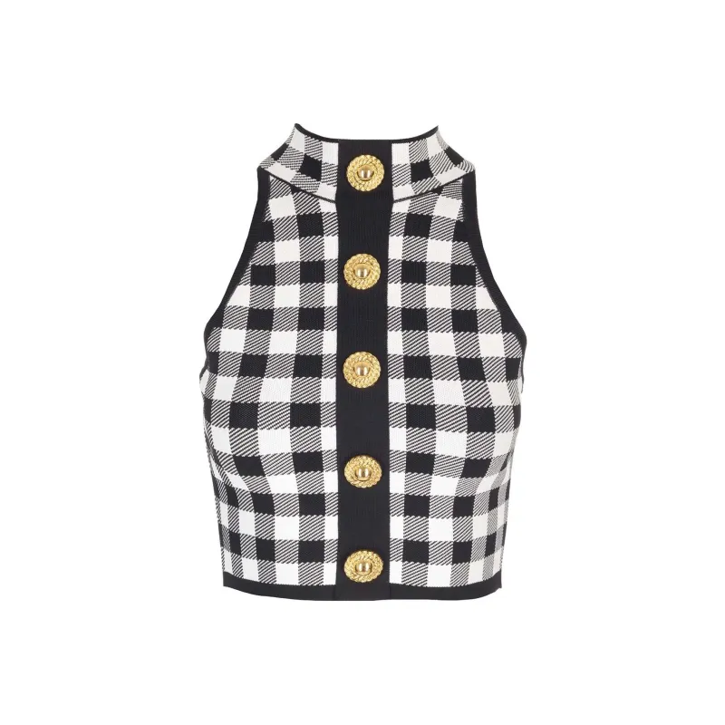 BALMAIN Gingham Check Pattern Sleeveless Top-0