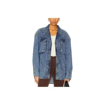 FREE PEOPLE Izzie Cargo Denim Shirt Denim Jacket Women's Blue