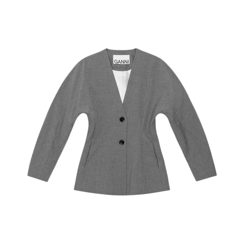 GANNI Grey Drapey Melange Fitted Blazer Business Suits Coats Women's Gray-0