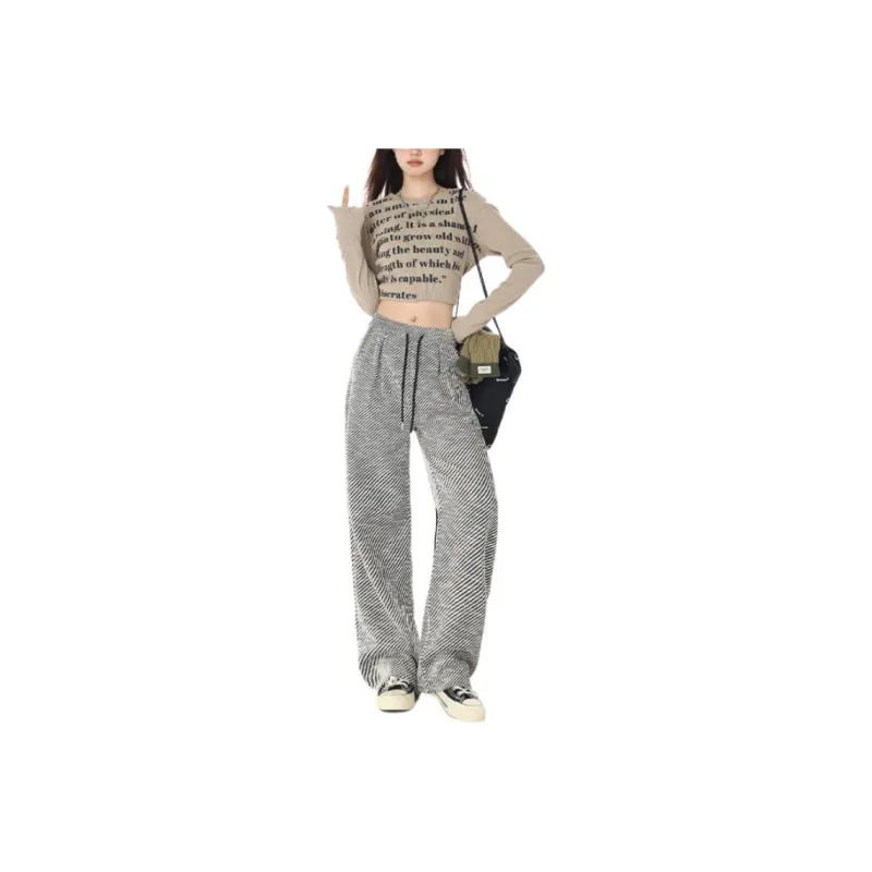 YINLEI Casual Pants Women's Black White Twill-0