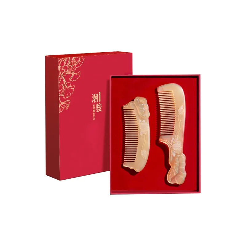 Chao Jun Natural Textured Premium Goat Horn Comb And Lotus Set Massage Scalp Meridians, All Good Looking Practical Box-0