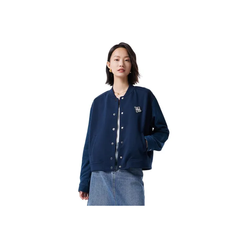 Initial Language Baseball Jacket Coat Women's Navy Blue-0