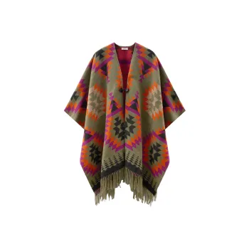 WOOLRICH Ikat print Fringed Wool blend Cape