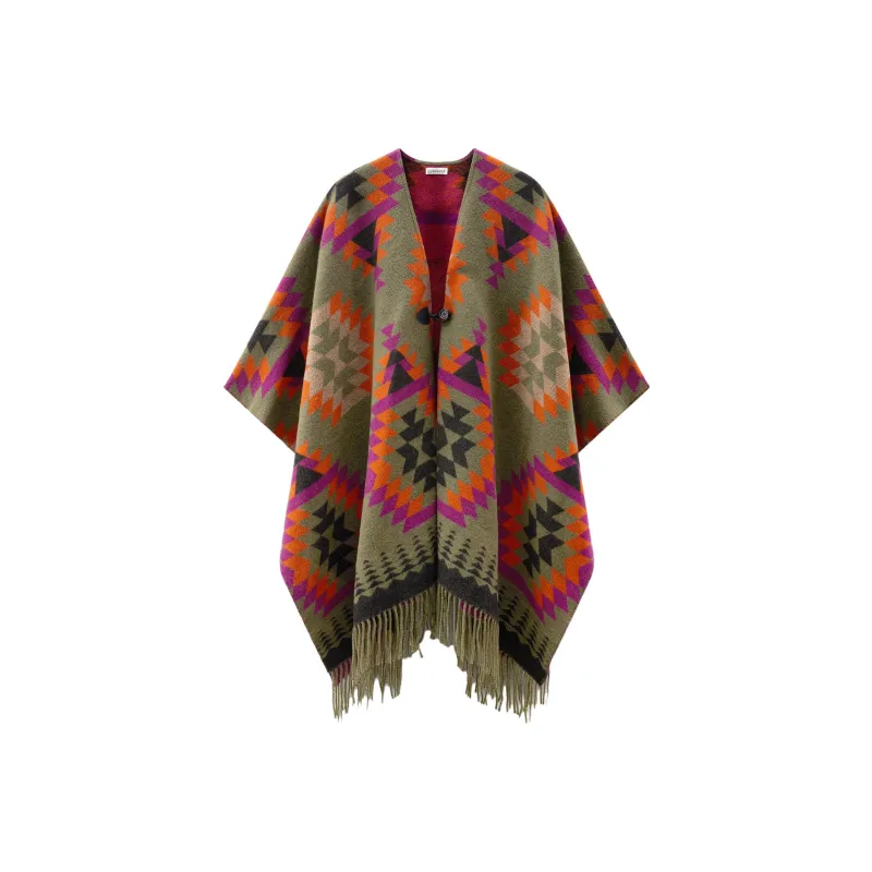 WOOLRICH Ikat print Fringed Wool blend Cape-0