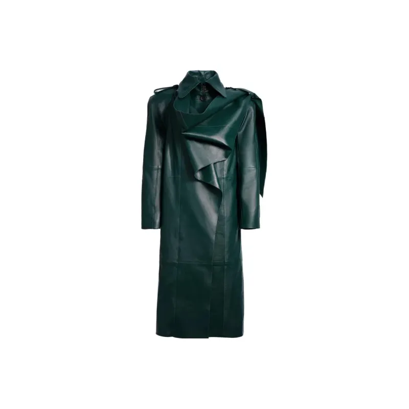 Mugler H&M Leather Trench Coat With Scarf Dark Green-0