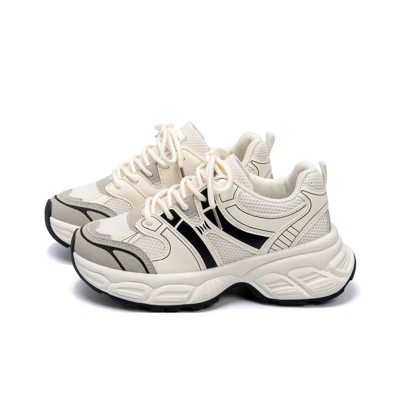 HUANQIU Breathable Coverage Height Increase Low Top Chunky Sneakers Women's White Black-1