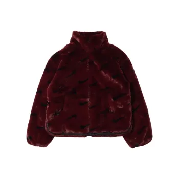 Nike Women's Printed Faux Fur Jacket Asia Sizing Burgundy Crush