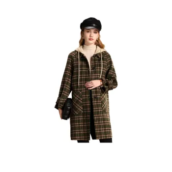 FENHONGMALI Coat Women's Brown And Green Plaid