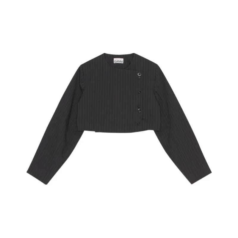 GANNI Stretch Stripe Cropped Blazer 'Black'-0