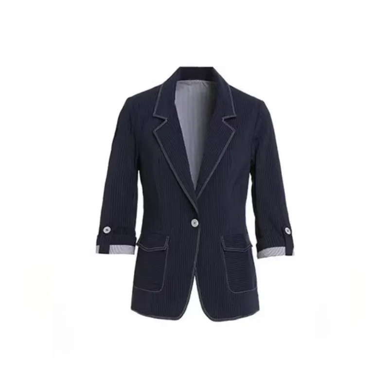QIAOWANNI Business Suit Women's Fine Blue White Stripes-0