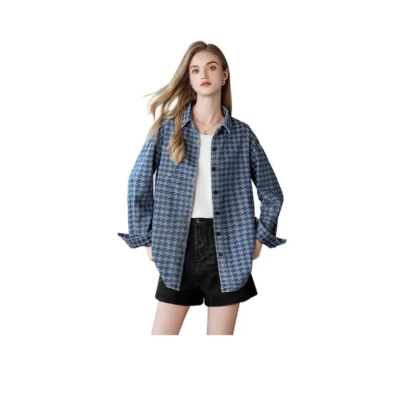 TOUCH Cropped Coats Women's Blue Houndstooth-0