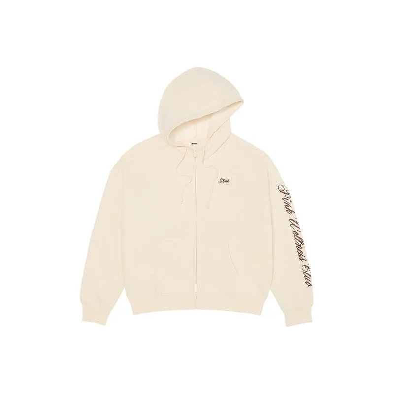 Victoria's Secret PINK Ivy Fleece Campus Full-Zip Hoodie/White Shell Wellness Sweatshirt Women's White Shell-0