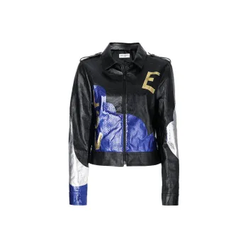 SAINT LAURENT Leather Jacket Women's Blue, Black & Multicolor