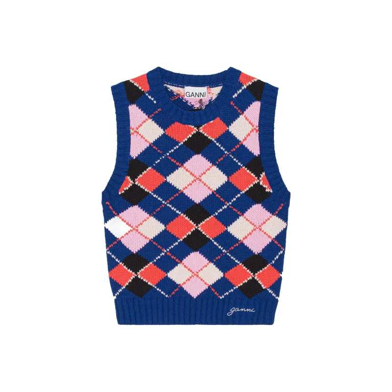 GANNI Logo Embroidered Patterned Knitted Vest-0