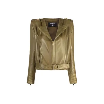 BALMAIN Leather Jackets Women's Olive Green