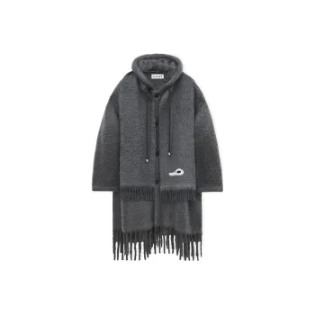 LOEWE Hooded Scarf Coat In Wool And Mohair Dark Grey Melange