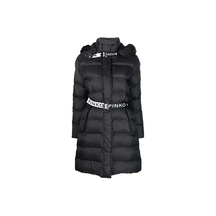 PINKO FW21 Solid Color Letters Hooded Mid-Length Puffer Jacket Women's Black-0