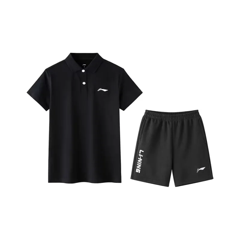 LiNing Table Tennis Series Casual Sportswear Men's Black Short Sleeved Shirt+Black Shorts-0