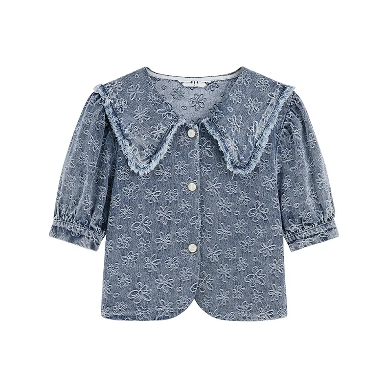 Pit Cropped Coats Women's Medium Denim Blue-0
