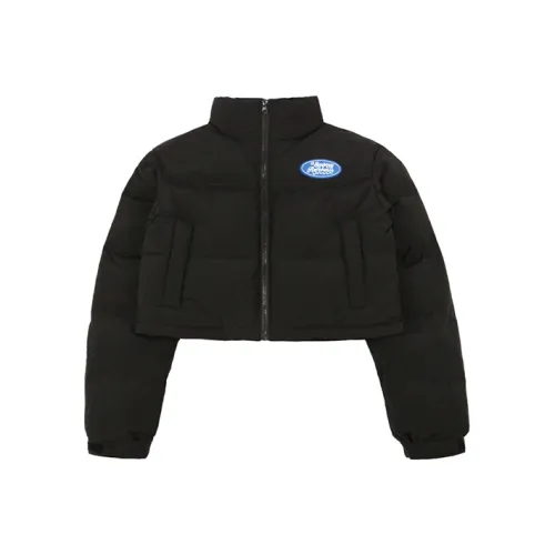EMPTY REFERENCE Solid Color Stand Collar Fitted Thickened Cropped Puffer Jacket Women's Black