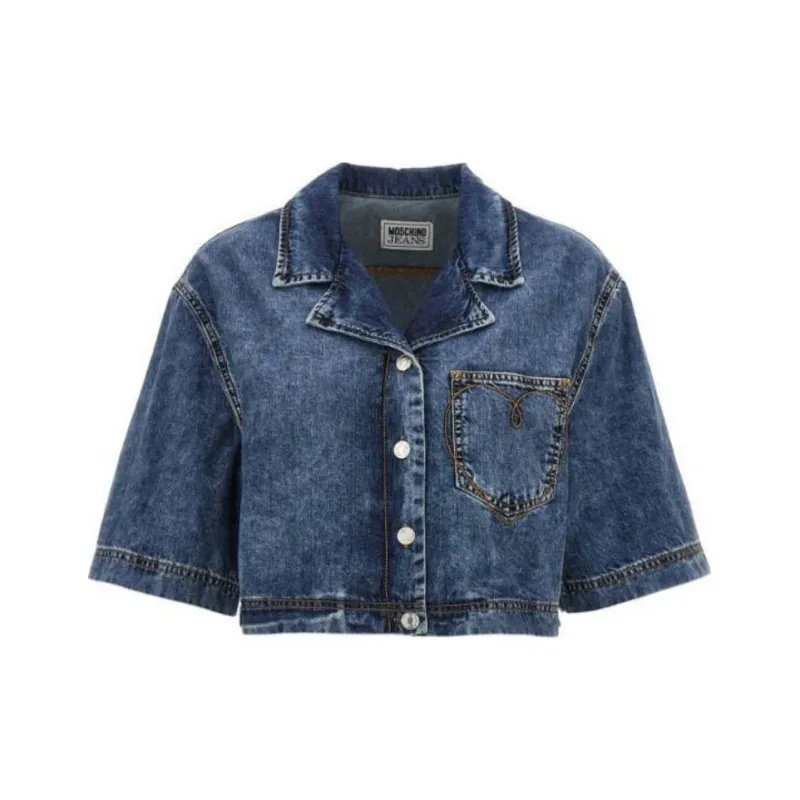 MOSCHINO Jeans Button Up Cropped Denim Shirt-0