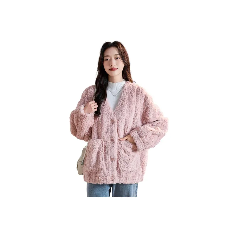 Tonlion Velvet feel Coat Women's Leather Pink-0