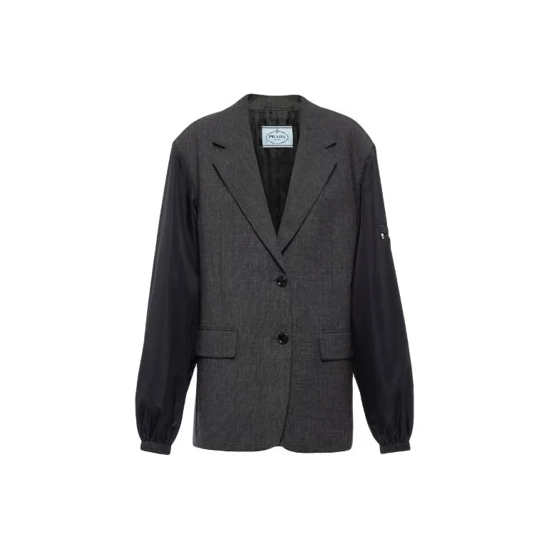 PRADA Single Breasted Wool And Re Nylon Jacket Business Suit Coat Women's Slate Gray-0