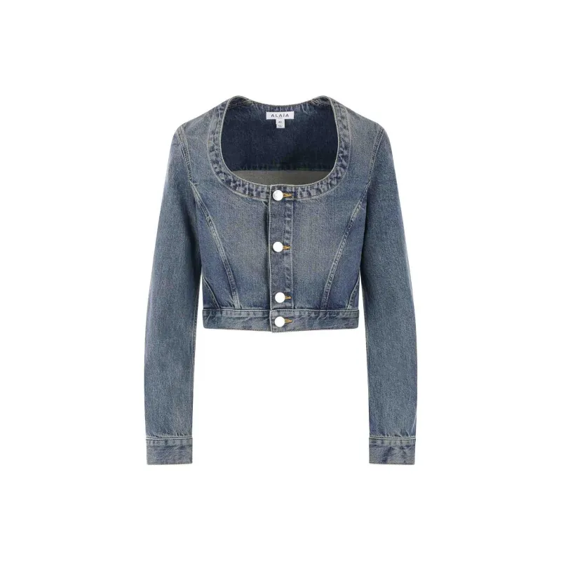 Alaia Scoop Neck Cropped Denim Jacket-0