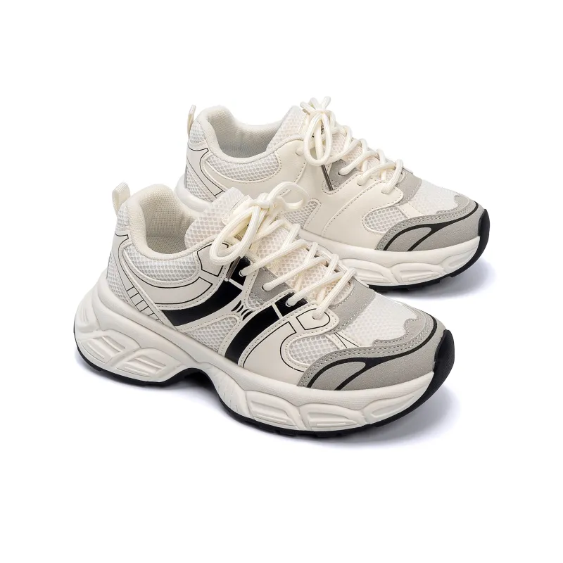 HUANQIU Breathable Coverage Height Increase Low Top Chunky Sneakers Women's White Black-3