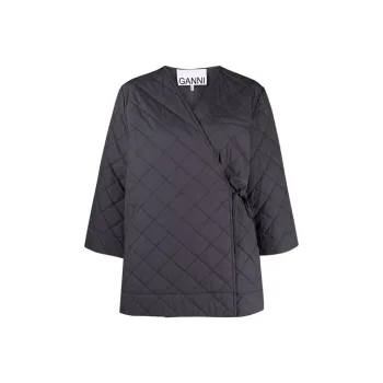 GANNI Solid Color Collarless Fitted Puffer Jacket Women's Black Purple