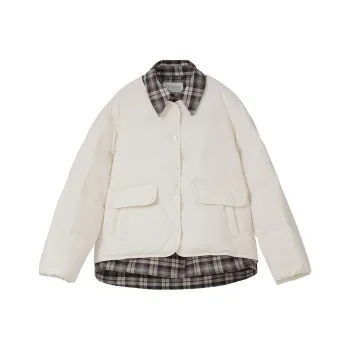 Fstudio Korean Solid Color Plaid Patchwork Design Mock Two Piece Down Jacket Women's Beige