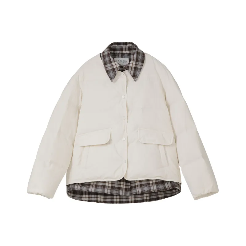 Fstudio Korean Solid Color Plaid Patchwork Design Mock Two Piece Down Jacket Women's Beige-0