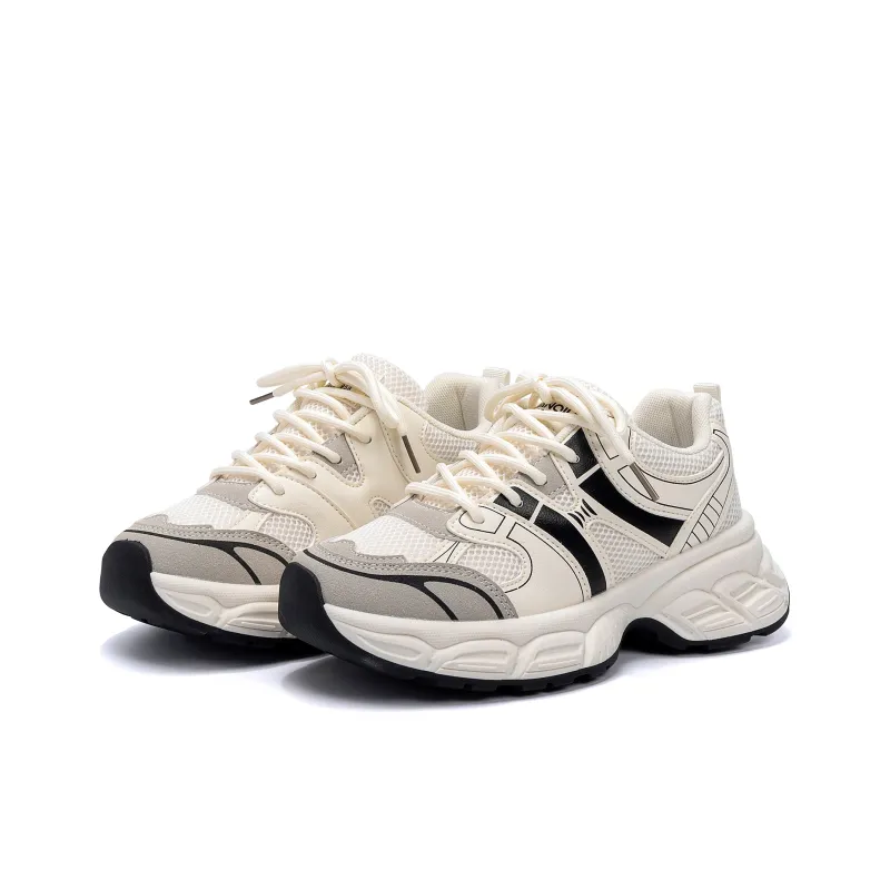 HUANQIU Breathable Coverage Height Increase Low Top Chunky Sneakers Women's White Black-4